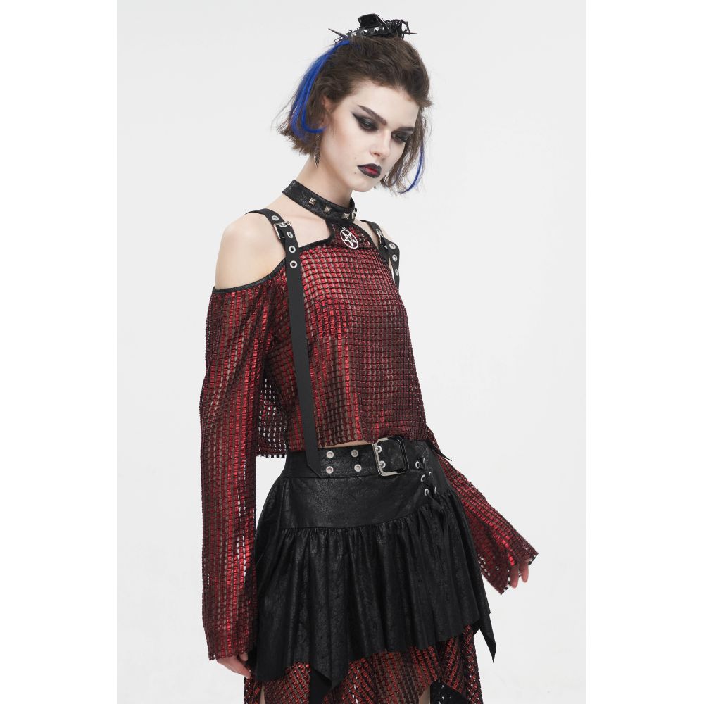 Devil Fashion - Mesh off-shoulder halterneck long-sleeved women's T-shirt Longsleeve top - Red